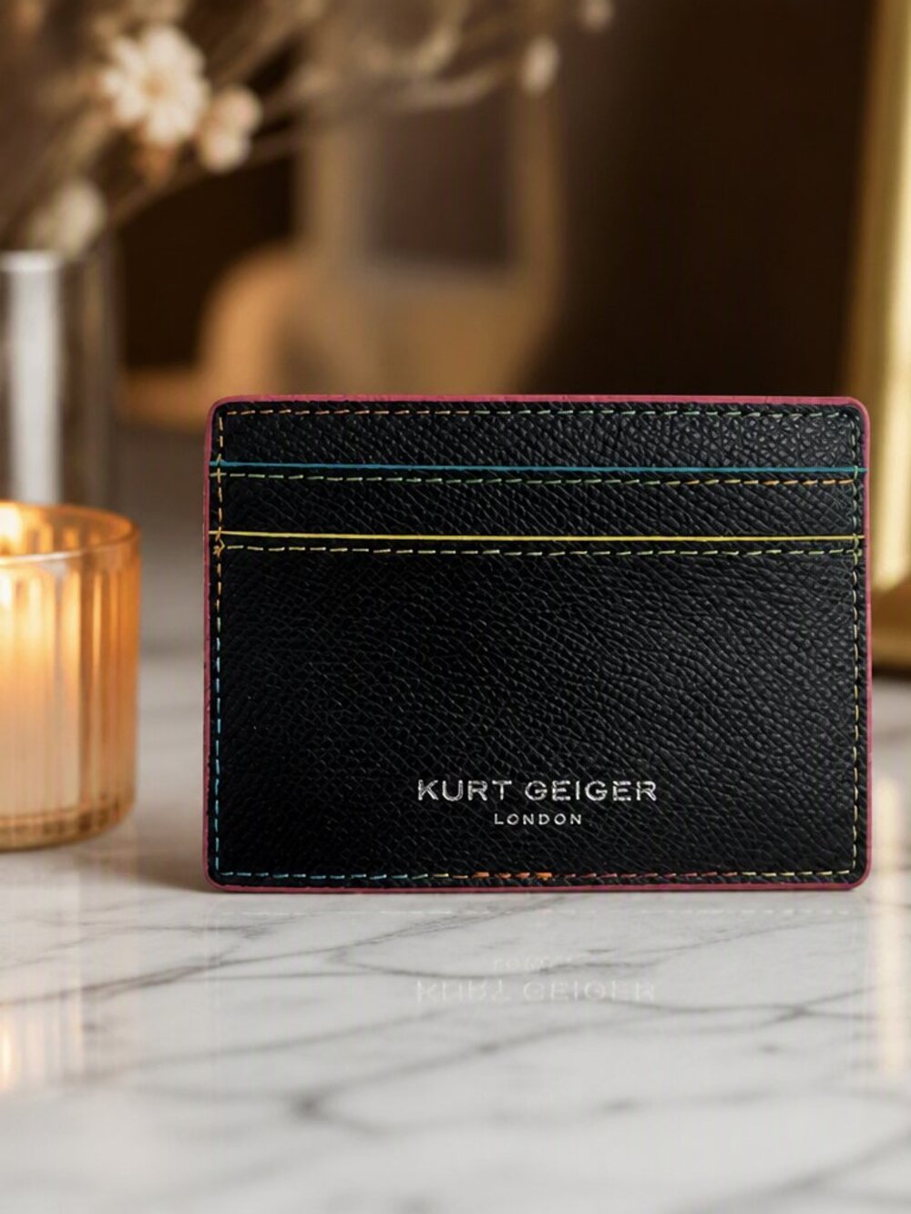 Kurt Geiger Black Leather Card Holder with Multicolor Stitching